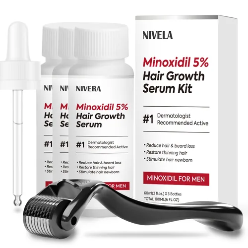 NIVELA 5% de minoxidil para el crecimiento del cabello para hombres: 3 botellas de 2.0 fl oz Kit de crecimiento de barba extra fuerte - Suero de