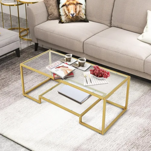 Miniatura 8 de KOTEK Mesa de centro moderna de vidrio templado, mesas centrales rectangulares de 45 pulgadas de ancho con estante de almacenamiento de 2 niveles