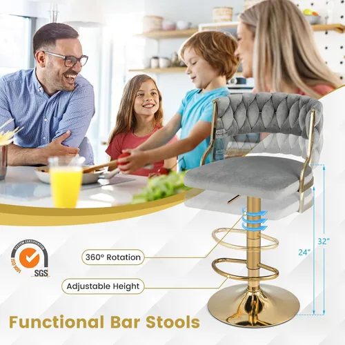 Miniatura 5 de COSTWAY Juego de 2 taburetes de bar ajustables de terciopelo, carga máxima, 400 libras, modernos taburetes giratorios tapizados con respaldo tejido