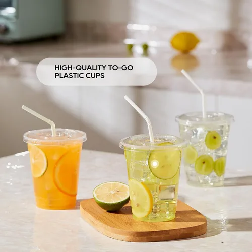 Miniatura 6 de [Paquete de 100] Vasos de plástico transparente de 12 onzas con tapas planas ranuradas, vasos desechables para bebidas frías heladas, café, té