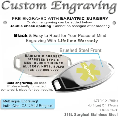 Miniatura 2 de My Identity Doctor - Pulsera médica de cirugía bariátrica pregrabada y personalizada color amarillo