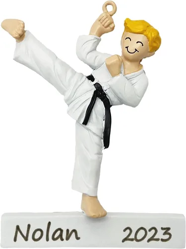Adorno para árbol de Navidad de karate, cinturón negro dominado personalizado niño rubio Jitsu Judo ornamento de artes marciales