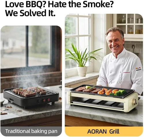 Miniatura 3 de Aoran Parrilla Eléctrica Sin Humo, Sartén Antiadherente para Interiores de 1800W, Sartén Multifuncional para Freír, Hornear, Guisar, Fácil de Blanco