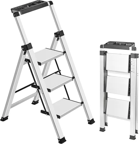 XinSunho Escalera de 3 escalones, empuñadura retráctil plegable con pedal ancho antideslizante, 3 escalones de aluminio, escalera de seguridad para