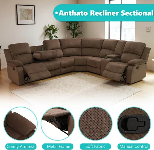 Miniatura 6 de Juego de sofá seccional reclinable manual, juegos de muebles de sala de estar, sofá seccional en forma de L y 2 sillas, cómodo sofá reclinable