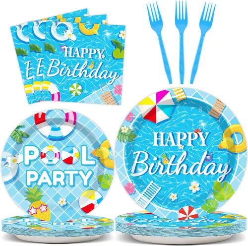 Juego de vajilla de 96 piezas para fiesta de cumpleaños de piscina para decoración de mesa de playa de verano, suministros de bola de playa, platos