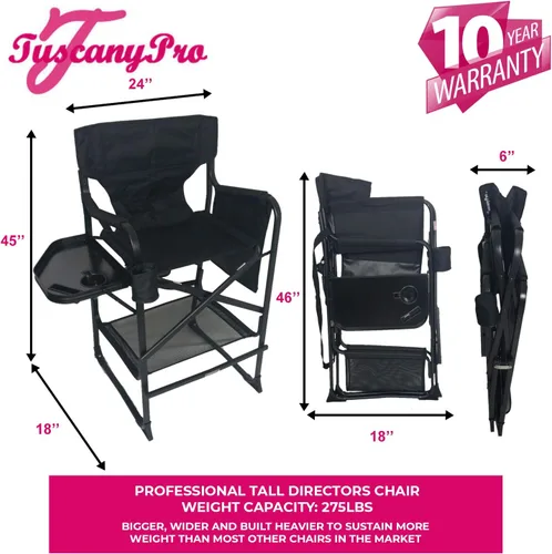 Miniatura 2 de Silla de directores alta profesional portátil con bandeja lateral, nombre personalizado/logotipo impreso, altura del asiento de 29 pulgadas