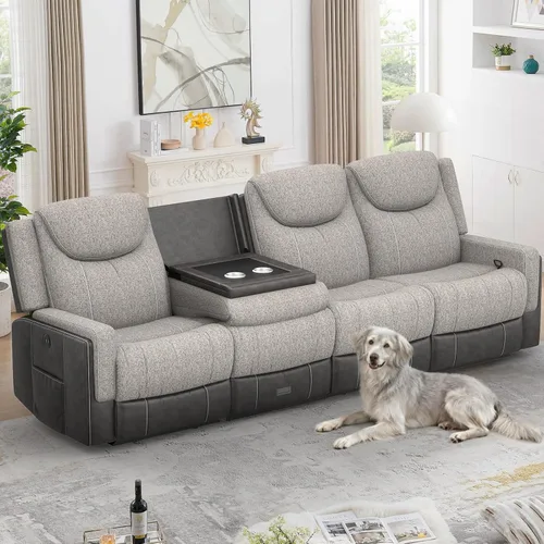 Miniatura 10 de Dresegmt Sofá reclinable, 2 vías multifunción manual de 3 plazas con portavasos, almacenamiento y puertos USB, moderno sofá multifuncional, sofá