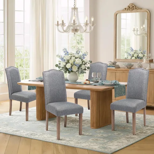 Miniatura 19 de Silla de comedor tapizada moderna y elegante Parsons con respaldo alto con ribete plateado de cabeza de clavo y patas de madera, juego de 2, tela