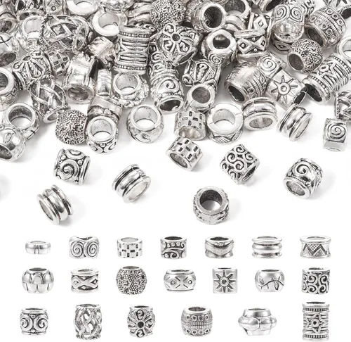 Beadthoven - 100 cuentas de aleación de plata tibetana, agujero grande, cuentas de barril de tubo de plata antigua, espaciadores de metal tallado
