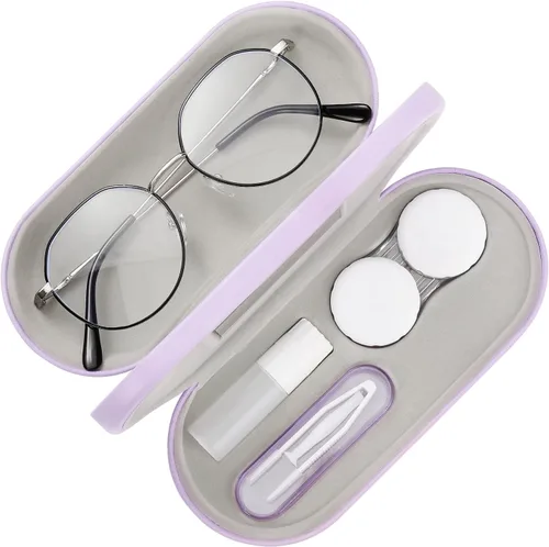 MoKo Estuche Doble para Anteojos, Estuche para Lentes de Contacto con Espejo y Pinzas Removedoras, 2 en 1 Caja Portátil de Doble Cara para Lentes de