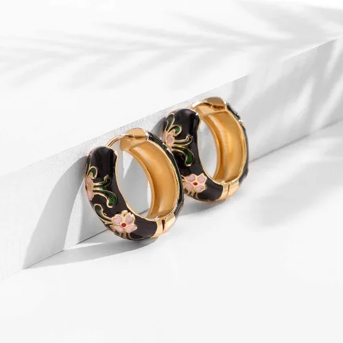 Miniatura 3 de Aretes de aro pequeños con diseño de flores esmaltadas vintage, estilo japonés, para mujer