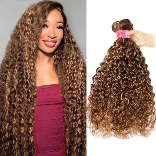 Miniatura 10 de Borchan Paquetes de Cabello Humano Ondulado Water Wave 4/27, Paquetes Rubios con Mechas, Cabello Virgen Brasileño de 14 16 18 Pulgadas, Trama