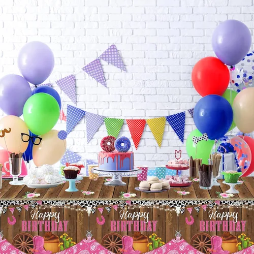 Miniatura 6 de Mantel para fiesta de cumpleaños de vaquera occidental, 3 piezas, 108 x 54 pulgadas, mantel de plástico con temática de vaquera, decoración