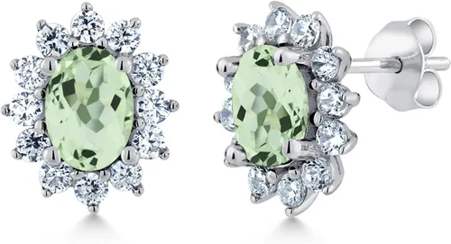 Miniatura 23 de Gem Stone King Aretes ovalados de plata de ley 925 de 0.276 x 0.197 in con piedra natal de la princesa Diana, estilo halo real para mujeres