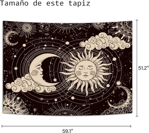 Miniatura 3 de Wonrizon Tapiz de Sol y Luna, Estético Negro Oscuro Tapices Espirituales Místico Sol Ardiente con Nubes Estrella Decoración Colgante de Pared