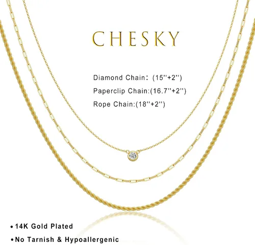 Miniatura 5 de CHESKY - Collares de oro escalonados para mujer, cadena delicada de 14 quilates, diseño de eslabones cubanos a la moda, con cierre de círculo
