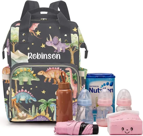 Miniatura 12 de Linda bolsa de pañales personalizada de dinosaurio tropical de gran capacidad para bebé, niño y niña, impermeable, con nombre personalizado, mochila
