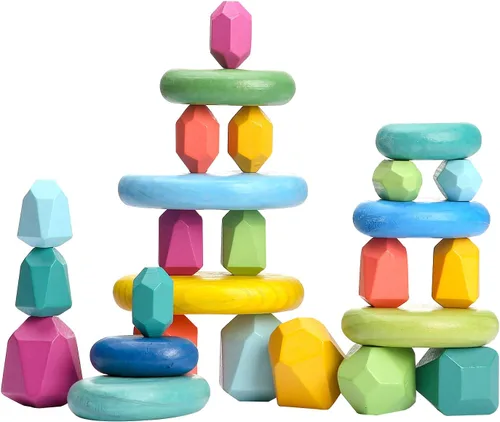 Miniatura 9 de OESSUF Rocas apilables extragrandes para niños pequeños de 1 a 3 años, 16 piezas de juguetes Montessori de madera, piedras de equilibrio jumbo