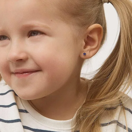 Miniatura 2 de Aretes de tuerca redondos de oro amarillo de 14 quilates de 0.157in con piedra natal simulada para niñas, aretes pequeños para niños con bloqueo