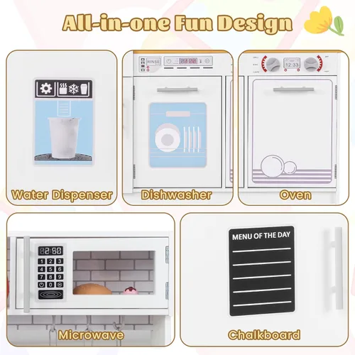 Miniatura 3 de HONEY JOY Juego de cocina para niños, cocina de madera de pequeño chef de simulación con pizarra, gran gabinete de almacenamiento, estufa, grifo