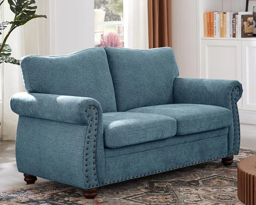 ONBRILL Sofá Nailhead, sofá pequeño de 66 pulgadas con brazos enrollados, sofá biplaza de tela de felpilla con cojín de asiento con resortes, Verde