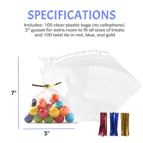 Miniatura 4 de Bolsas transparentes para dulces (paquete de 200) – Bolsas de regalo de plástico transparente de 5x7 pulgadas con lazos de torsión de 4 pulgadas, 3