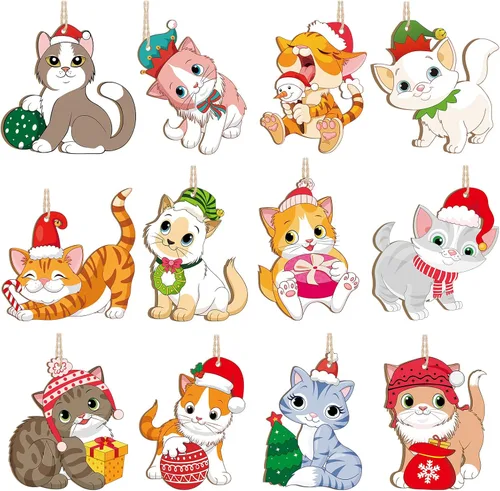 Chunful 36 adornos de Navidad de gato de madera, adornos colgantes de árbol de gatito, bonitos regalos para amantes de los gatitos, para el hogar,