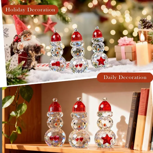 Miniatura 2 de QFkris Juego de 3 figuras de muñeco de nieve de cristal, figura de Navidad de cristal de 3.7 pulgadas, decoración de muñeco de nieve de cristal
