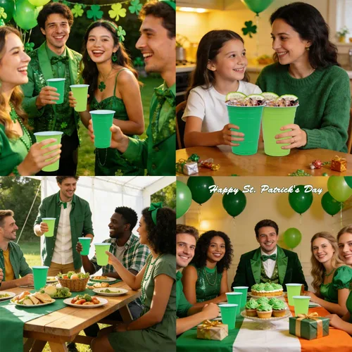 Miniatura 5 de Paquete de 100 vasos de plástico de 16 onzas para el Día de San Patricio, vasos desechables de fiesta verdes y verde claro a granel, vasos