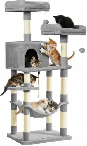 Miniatura 8 de Feandrea Árbol para gatos, torre para gatos de 56.3 pulgadas, condominio de felpa de varios niveles con 11 postes rascadores, 2 perchas, hamaca