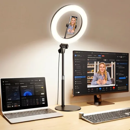 Anillo de luz de escritorio con soporte, luz circular de 10.5 pulgadas con soporte para teléfono para grabación de video, luz de halo ajustable para