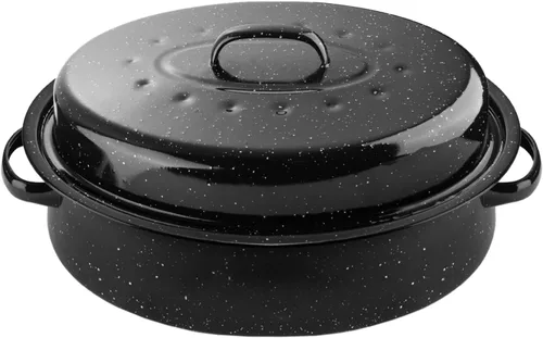 Miniatura 8 de DIMESHY - Sartén para asar de 13 pulgadas, esmaltada en acero, sartén ovalada cubierta en negro con tapa, pequeña olla para pavo, pollo pequeño