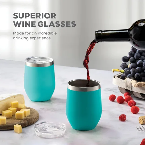 Miniatura 2 de FineDine Vaso de vino con triple aislamiento con tapa (paquete de 4) juego de vidrio de acero inoxidable de 12 onzas, mantiene las bebidas calientes