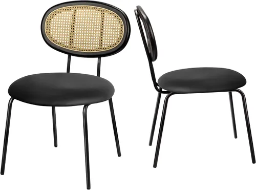 Miniatura 8 de Juego de 2 sillas de comedor con respaldo de ratán moderno de mediados de siglo, sillas laterales de cocina tapizadas de cuero negro con patas