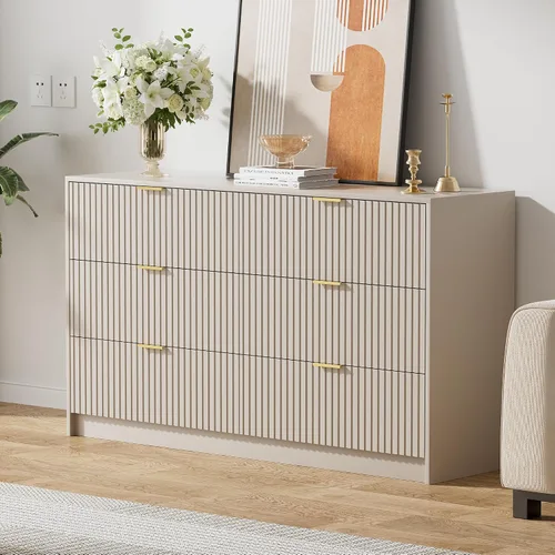 Miniatura 7 de Furniway Cómoda Beige para Dormitorio, Cómoda Moderna con 6 Cajones y Deslizadores Suaves, Cómoda Ancha con Manijas Doradas para Dormitorio, Sala