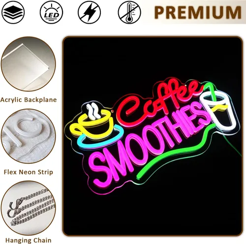 Miniatura 6 de Letrero de Neón de Café y Batidos para Decoración de Pared, Letreros LED de Batidos para Negocios, Luces de Neón USB Regulables de 16.54" x 9