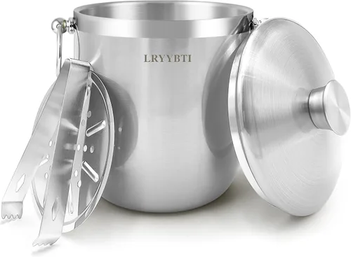 Miniatura 9 de Cubos de hielo de 3L para fiestas y bar de cócteles con tapa de acero inoxidable, pinzas y colador (negro) Cubo de hielo de metal aislado de doble