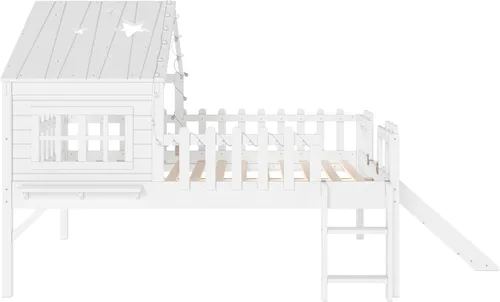 Miniatura 25 de Marco de cama de tamaño matrimonial para niños con escaleras, bonito techo y ventana en forma de estrella para niños y niñas, cama de plataforma