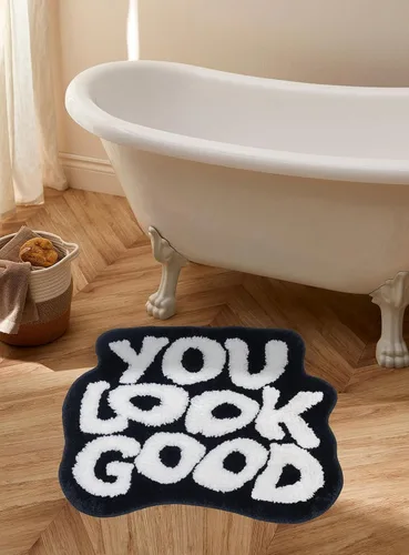 Miniatura 6 de Alfombra de baño negra con texto en inglés "You Look Good", alfombra de baño divertida, bonita, antideslizante, de microfibra, de felpa, pequeña