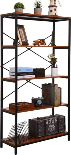 BATHWA Estantería alta, estantería abierta moderna y ancha para libros, estantería industrial de metal de madera, estantería de muebles, estantería