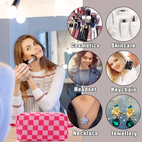Miniatura 2 de 2 bolsas de cosméticos a cuadros para lápices, pequeña bolsa de maquillaje para bolso, bolsa de maquillaje rosa, bolsa de maquillaje para brochas