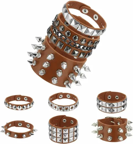 MECCANIXITY Rock Punk - Juego de pulseras de cuero con tachuelas, pulseras ajustables góticas para fiesta de Halloween, accesorio Emo Grunge
