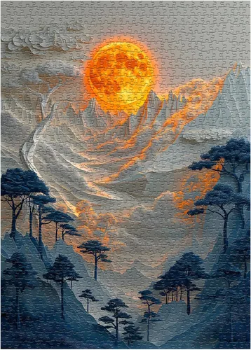 Miniatura 7 de Rompecabezas de montaña para adultos de 1000 piezas, fantasía, luna roja, paisaje, naturaleza, paisaje, escénico, cañón de árbol, bosque, corte