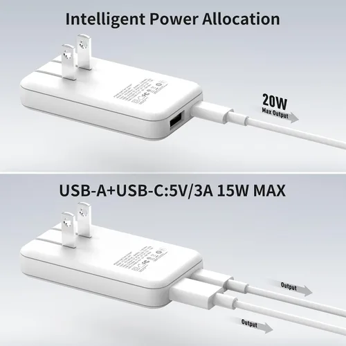 Miniatura 2 de Cargador portátil rápido ultradelgado de 20W USB-C PD, cargador de pared de 2 puertos, puerto dual PD 3.0 y QC 3.0 compatible con iPhone 15 y 15