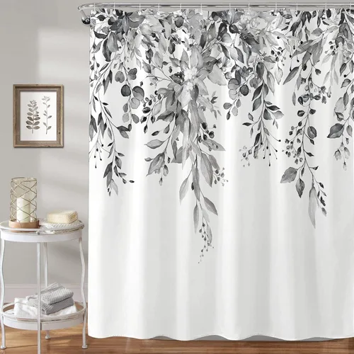 Miniatura 2 de kampdream Cortina de ducha de plantas de eucalipto gris y blanco, hojas de acuarela en la parte superior, cortina de baño botánica, 72 x 72 pulgadas