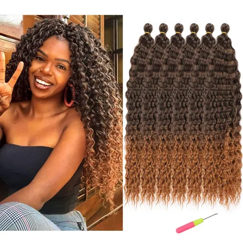 Miniatura 10 de MAYSA Extensiones de cabello sintético de ganchillo con ondas oceánicas, color 4 marrón, 22 pulgadas, rizado trenzado, extensiones de cabello