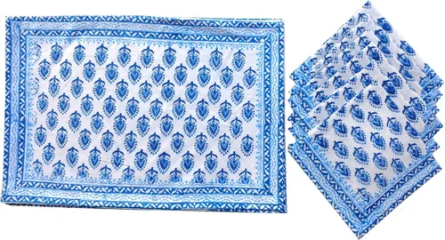 Miniatura 18 de Rastogi Handicrafts Juego de 6 manteles individuales 100 % algodón estilo indio para mesa de comedor y servilletas (azul 1)
