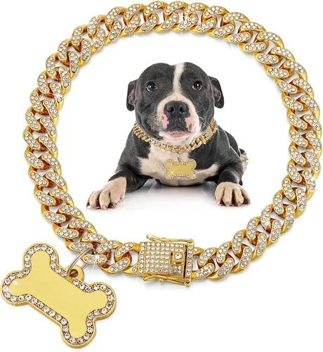 Collar de cadena para perro Hillban, collar de diamante dorado con etiquetas de identificación para mascotas, rinestones, collar de eslabones de