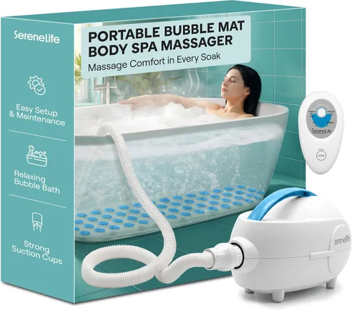 SereneLife Masajeador portátil de baño de burbujas para spa, tapete antideslizante impermeable con parte inferior de ventosa, bomba de aire